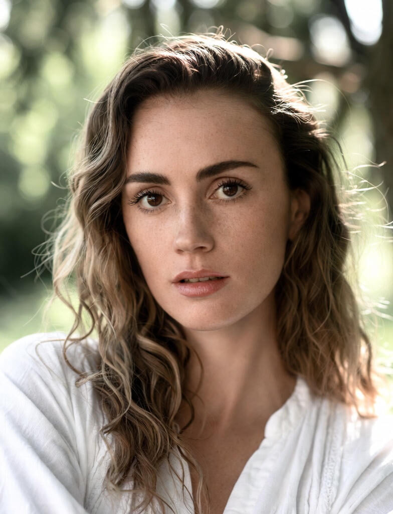 Eating Disorder : Portrait of a young woman with wavy light-brown hair and freckles, softly lit by natural sunlight in an outdoor setting, looking directly at the camera with a neutral expression.