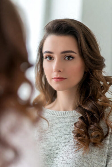 A young woman with long, wavy brown hair looks thoughtfully into a mirror. She wears a light gray sweater and stands in a softly lit indoor setting. Her reflection is slightly blurred in the foreground.