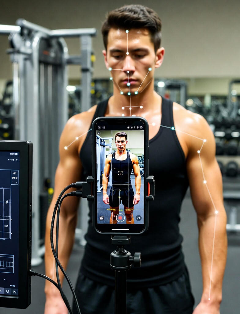 AI Form Coach:Athletic man in gym standing in front of a smartphone on a tripod running an AI form coach app, displaying real-time skeletal tracking with glowing white joint markers and lines overlaying his body for posture analysis.
