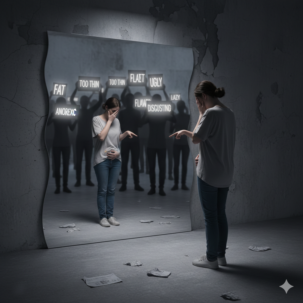 Body Shaming:A young woman stands looking into a distorted mirror in a dark, crumbling room. The reflection shows her crying, while shadowy figures behind her hold up glowing signs with harsh, negative words like "FAT," "UGLY," "FLAWED," "DISGUSTING," "TOO THIN," and "LAZY," symbolizing the internalizing of body shaming and criticism.