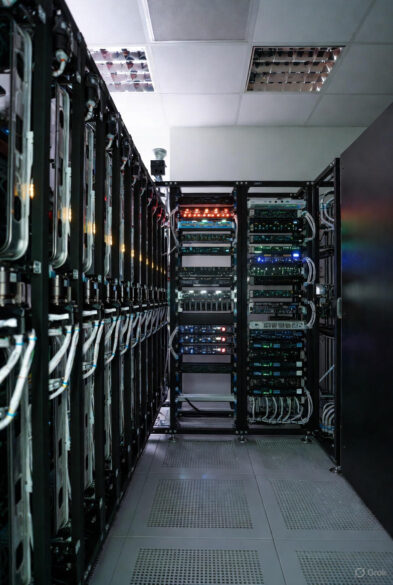Rows of illuminated server racks in a high-performance enterprise data center, showcasing the physical infrastructure that supports data fabric architectures.