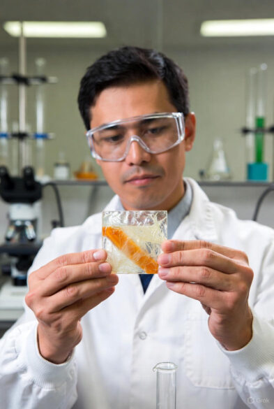 A male scientist in a white lab coat and safety goggles holding a transparent square sample of cracked self-healing material with orange liquid inside, in a chemistry lab.