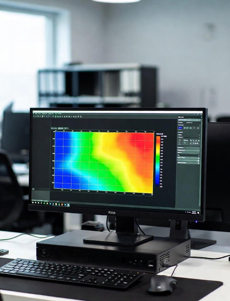 Heat Sensing:A desktop computer monitor in an office setting displaying a colorful thermal heat map with a gradient from blue to red, indicating temperature variations, connected to a black desktop tower, keyboard, and mouse on a white desk.