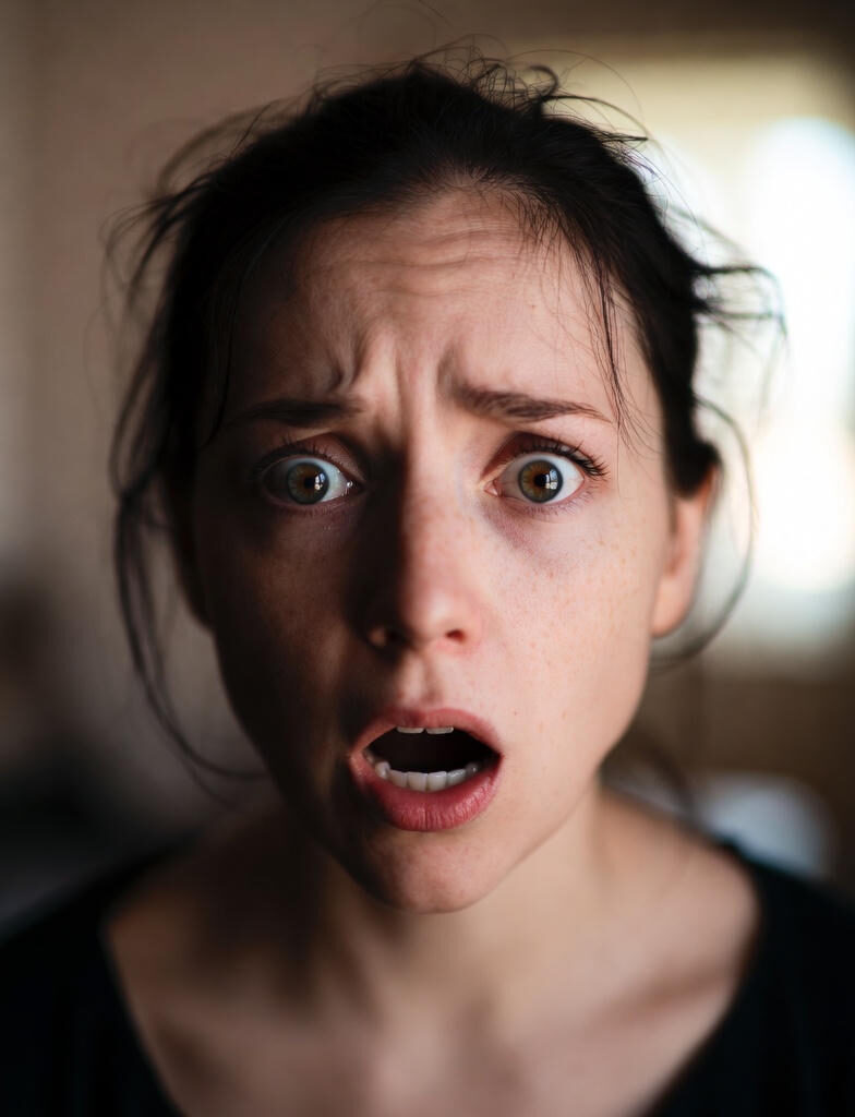 Bodily Phobia:A young woman with wide-open eyes and mouth agape in terror, staring directly at the camera in a dimly lit room.