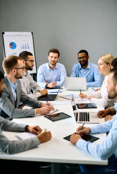 Six business professionals from varied backgrounds in suits and shirts around a white table, reviewing printed charts, graphs, and reports on laptops and tablets in a bright office with large windows and bookshelves.