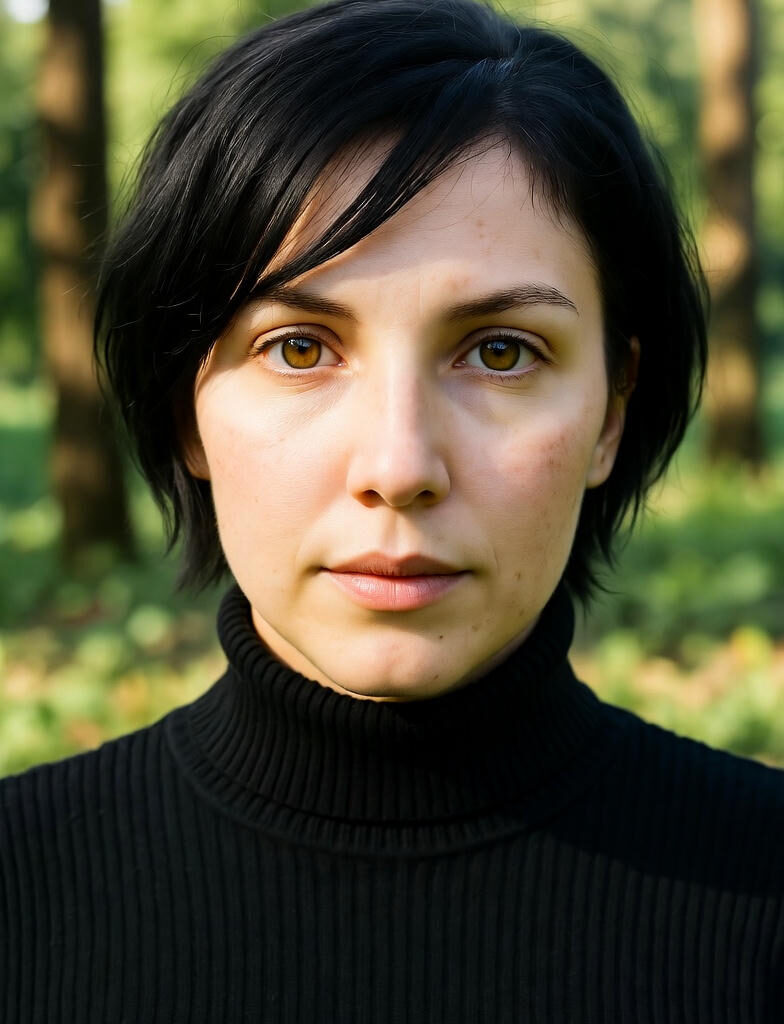 Agentic AI:A thoughtful individual with short black hair and warm brown eyes stands in a sunlit forest, wearing a black turtleneck. Soft bokeh lights filter through the trees in the background.