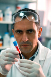 Medical researcher in protective goggles carefully examining a blood sample for blood cancer analysis