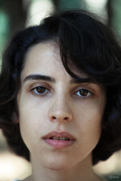 Close-up portrait of a young person with short wavy black hair and fair skin looking forward with calm, thoughtful eyes in soft lighting.