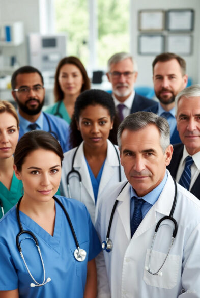 Confident multicultural team of doctors and nurses wearing stethoscopes and medical scrubs standing together in a modern hospital environment.