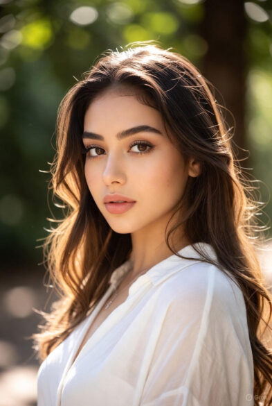 Close-up portrait of a young woman with long, straight dark-brown hair and warm skin tone, softly backlit by sunlight in a green outdoor setting, gazing gently at the camera.