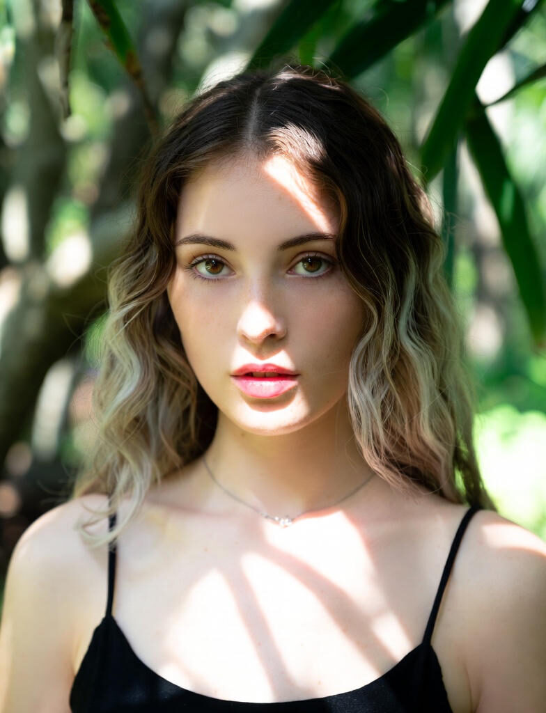 Body Image:A young woman with wavy, shoulder-length hair stands outdoors in dappled sunlight, wearing a black spaghetti-strap top. Green foliage frames her face, and soft shadows fall across her skin.