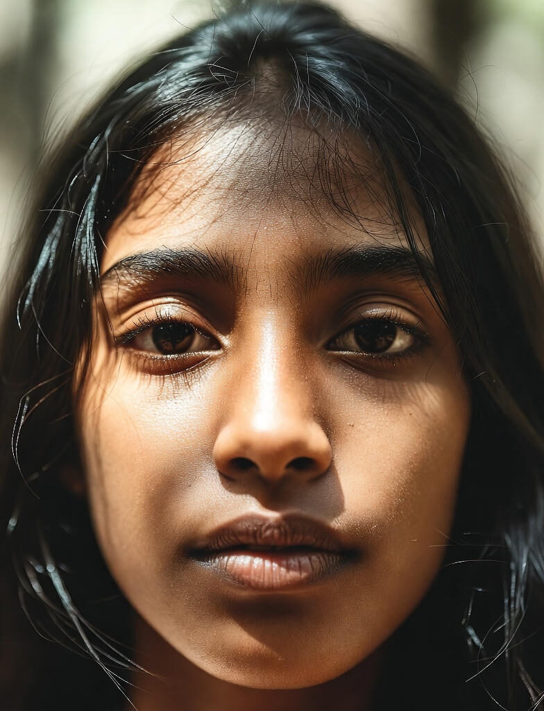 Mind and Consciousness:Close-up portrait of a young South-Asian woman with long dark hair looking directly at the camera with calm, introspective brown eyes under soft natural light.
