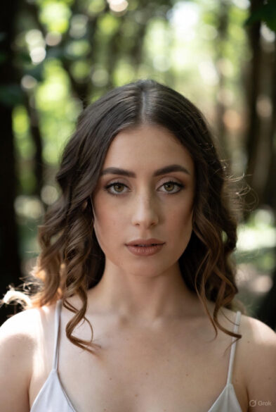 A young woman with wavy brown hair and subtle makeup stands outdoors in soft sunlight, gazing directly at the camera with a serene expression. Trees blur in the background.