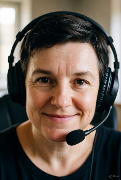 A person with short, dark hair wearing a black headset with a microphone, smiling gently in a softly lit indoor setting.