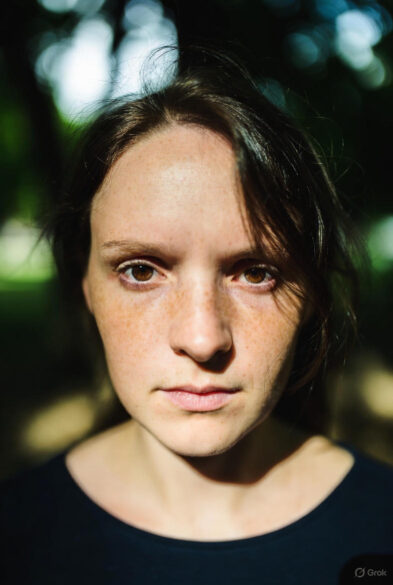 Same young woman now in harsh shadow, intense haunted eyes, tense expression