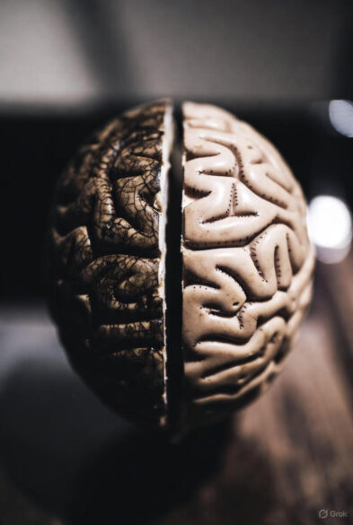 Artistic photograph of a brain model dramatically split down the middle: the left half is charred, cracked, and dark brown/black; the right half is clean, smooth, and creamy white, symbolizing extreme contrast.
