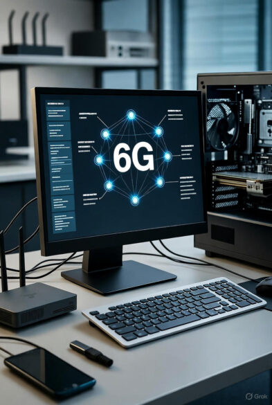 A modern computer workstation displaying a glowing "6G" network diagram with interconnected nodes, surrounded by a router, smartphone, and server hardware in a tech lab.