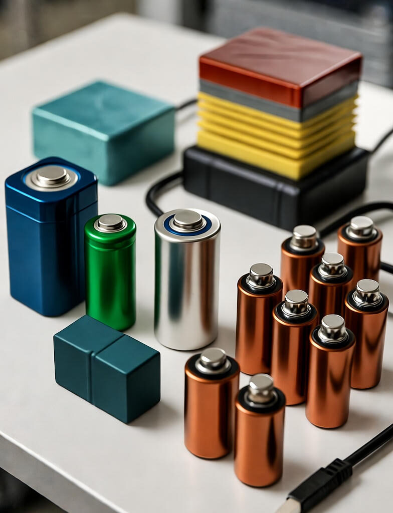 New Storage Material for Energy:Realistic photograph of advanced energy storage prototypes, including cylindrical solid-state batteries, pouch cells, and layered supercapacitors on a lab bench.