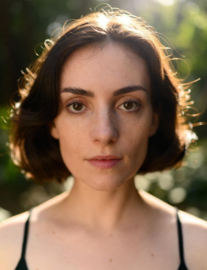 Schizophrenia:Young woman with freckles in soft sunlight, neutral expression, looking at camera
