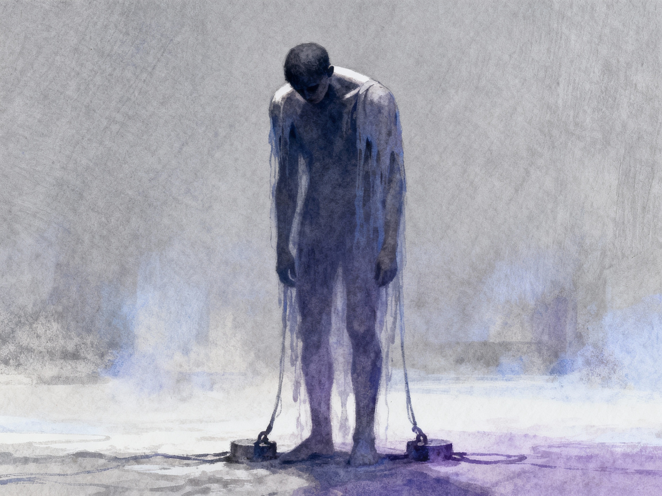 Conceptual illustration of body depression showing a somber, muted color palette, conveying emotional heaviness and despair.
