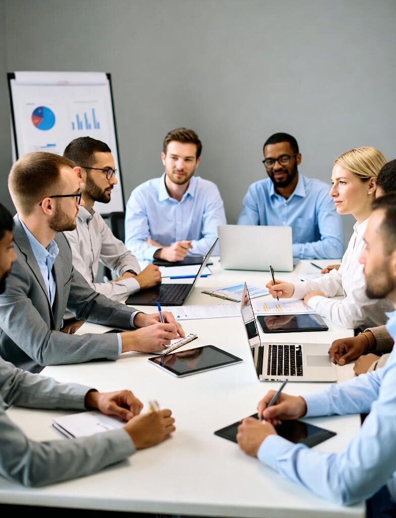 AI Governance and Regulations:A diverse group of seven professionals in business attire seated around a white conference table, engaged in a meeting with laptops, tablets, notebooks, and charts on a flip chart in the background, discussing data and analytics.