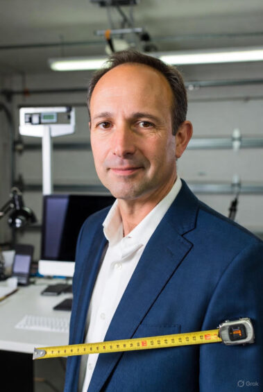 A sharply dressed professional man in a blue suit standing confidently in his garage. A bathroom scale is visibly abandoned in the background among boxes; a yellow tape measure is clipped to his jacket pocket like a badge of honor.