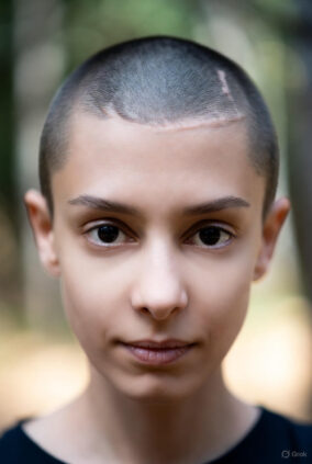 Young person with very short buzz-cut hair and a visible linear scar on the scalp, looking straight at the camera, natural outdoor background.