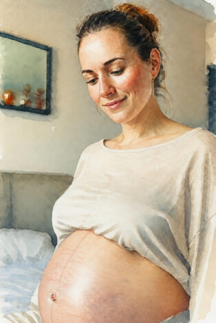 Watercolor illustration of a woman with hair in a bun, lifting her shirt to show her rounded belly, in a soft, dreamy bedroom setting with pastel tones.
