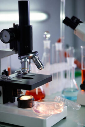 Illuminated microscope with a petri dish containing cell cultures under the lens in a biomedical research laboratory.
