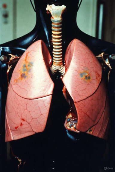 Transparent anatomical torso model revealing pink lungs with attached white and yellow lung cancer tumors protruding from the surface.