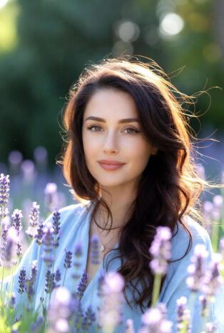 A smiling Caucasian woman with long wavy brown hair, wearing a light blue blouse, stands peacefully in a blooming lavender field with purple flowers surrounding her, soft sunlight illuminating her face and gentle breeze in her hair.