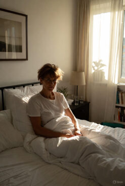 A person with short hair wearing a white t-shirt sits peacefully upright in bed, surrounded by crisp white bedding and soft morning light filtering through sheer curtains, looking calm and well-rested.