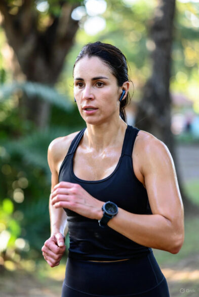 Intense female runner sweating outdoors, pushing her limits with fat-burning power