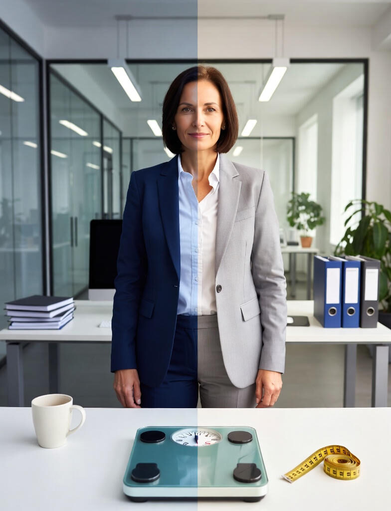 Weight Loss for Busy Professionals: A professional woman in a modern office, split down the middle: left side darker and stressed with a bathroom scale on the desk showing weight gain; right side brighter and confident with a measuring tape and a slimmer waist. Visual metaphor for ditching the scale and winning at fat loss.