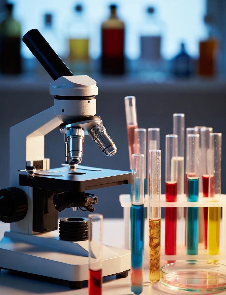 Leukaemia : A laboratory microscope surrounded by colorful test tubes containing red, blue, yellow, and orange liquids, with a petri dish and reagent bottles in the blurred background.
