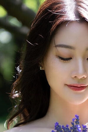 Future-Ready Stress Relief Routines for Working Moms: Build Calm, Confidence, and Balance Stress Relief Routines for Working Moms: A serene Asian woman with long brown hair, wearing a light off-shoulder dress, holds a bunch of fresh lavender flowers close to her chest and smells them with eyes closed in a peaceful outdoor setting with blurred green foliage in the background.