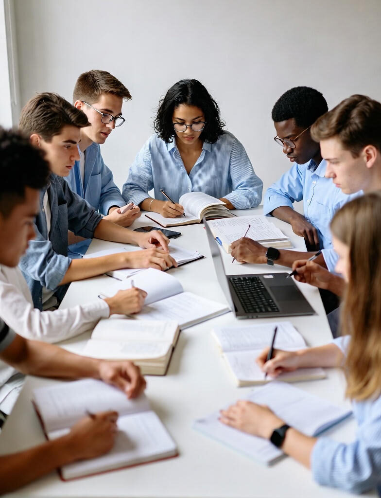 A diverse group of young students, dressed in light blue shirts, sitting around a large white table deeply focused on studying with open books, notebooks, pens, and a laptop.