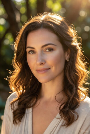 A woman in her 30s with naturally glowing skin and wavy hair, bathed in warm golden hour sunlight outdoors, evoking a fresh morning glow.