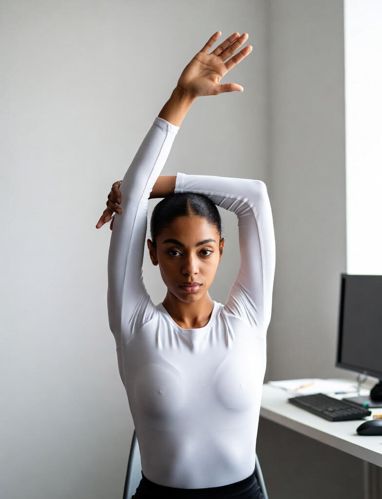 Young woman in office attire performing an overhead side stretch at her desk to relieve back pain