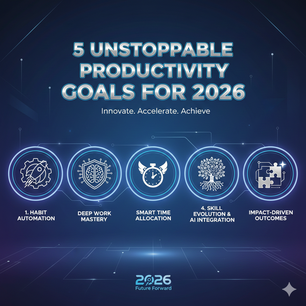 Productivity : The design features a dark blue gradient background with glowing circuit-line patterns and five circular blue icons arranged in a horizontal row, each representing a specific goal:

Habit Automation: An icon of a rocket ship inside a gear, representing streamlined routines.

Deep Work Mastery: An icon of a human brain inside a shield, symbolizing focused, uninterrupted concentration.

Smart Time Allocation: An icon of a clock with wings, representing efficient time management.

Skill Evolution & AI Integration: An icon of a digital tree with circuit patterns, representing continuous learning and tech adaptation.

Impact-Driven Outcomes: An icon of puzzle pieces with a glowing star, representing results-oriented work.

At the bottom, the year "2026" is displayed in a stylized, glowing font with the phrase "Future Forward."