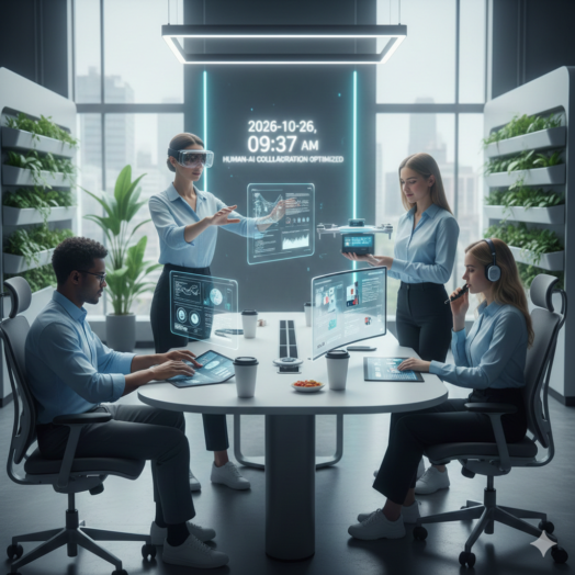 A futuristic 2026 office scene where diverse professionals use holographic displays, AR glasses, and AI-integrated tools to collaborate in a sustainable, biophilic workspace.