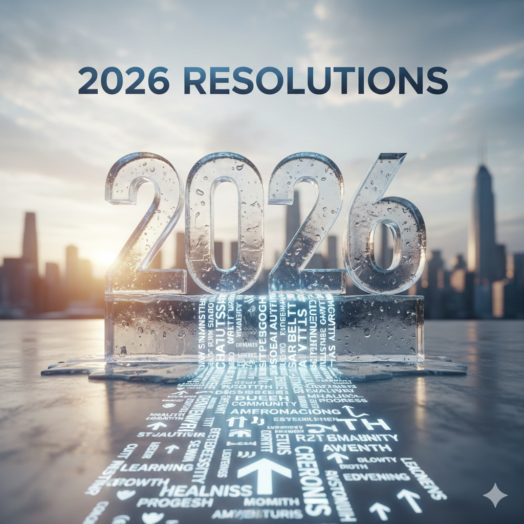 A futuristic 3D render of the year "2026" carved in clear ice, sitting on a reflective surface with glowing words like "Growth," "Learning," and "Health" flowing forward like a digital path toward a city skyline at sunrise.