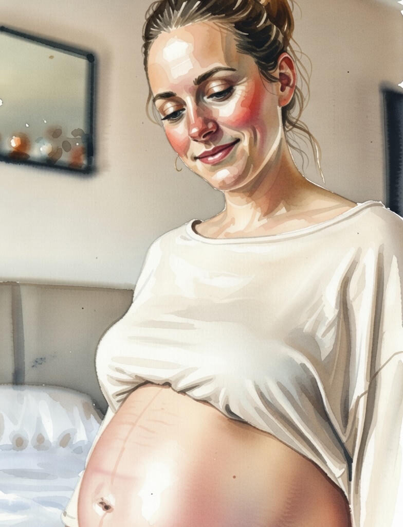 Postpartum : Watercolor illustration of a woman with hair in a bun, lifting her shirt to show her rounded belly, in a soft, dreamy bedroom setting with pastel tones.