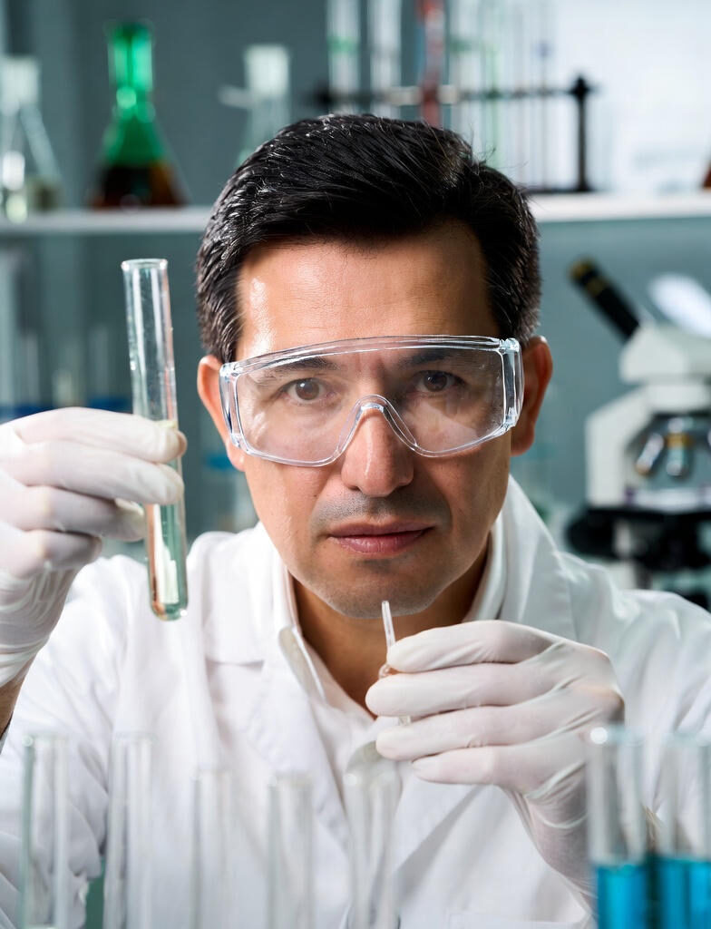Cancer Gene : Scientist in protective goggles examining a test tube containing a glowing DNA double helix symbolizing an oncogene responsible for cancer development