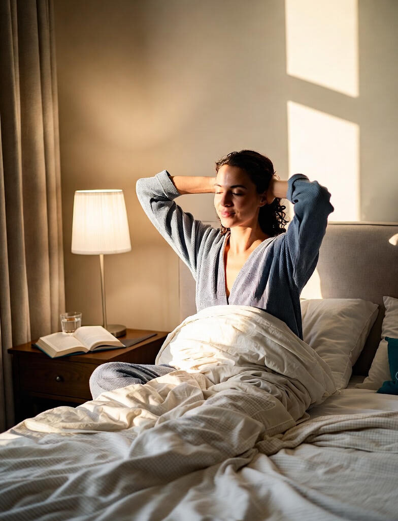 A young woman with curly hair sits up in a light blue robe sits up in bed, stretching her arms overhead with eyes closed, bathed in soft morning sunlight streaming through the window, symbolizing a refreshed wake-up after a healthy sleep cycle.