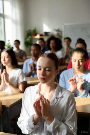 A diverse group of teenage students in a classroom, sitting at desks with eyes closed and hands in prayer position, practicing meditation together while sunlight streams in.