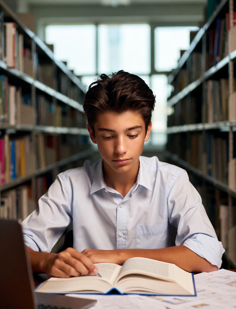 Student : A young male student with eyes closed, sitting at a desk in a library surrounded by books, an open textbook, notes, and a laptop, appearing contemplative or overwhelmed.