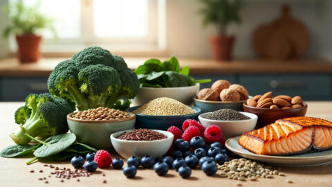 A bright arrangement of estrogen-balancing foods on a wooden kitchen table, featuring fresh broccoli, spinach, flaxseeds, berries, nuts, quinoa, chia seeds, and grilled salmon.