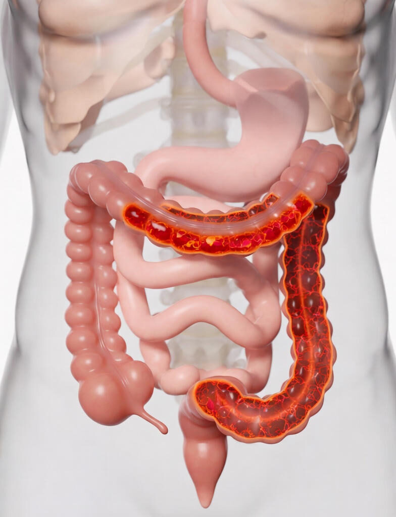 Medical illustration showing colorectal cancer with inflamed and ulcerated tumor growth inside the large intestine and rectum.