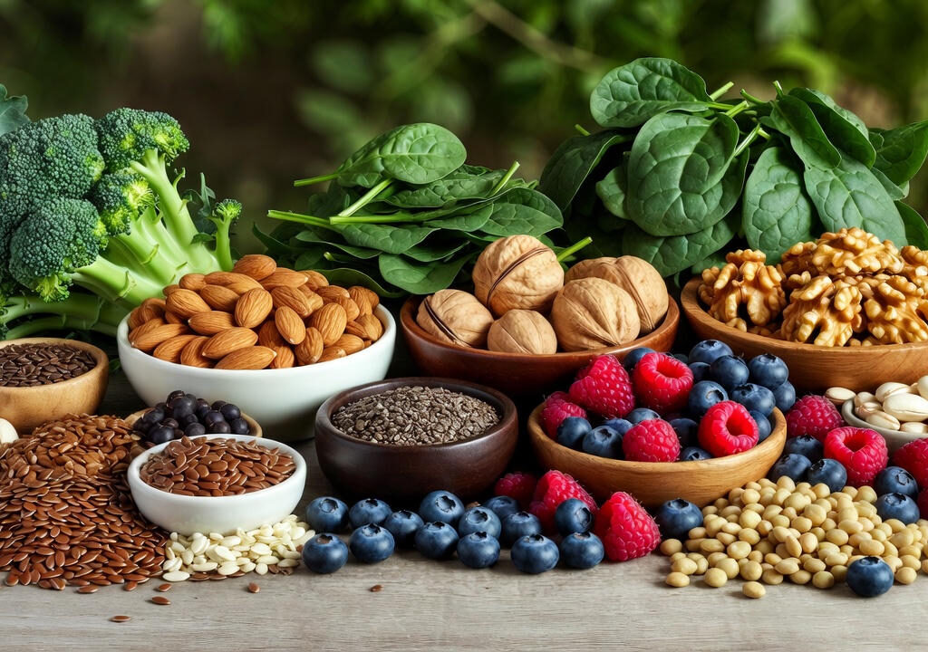 Estrogen : A colorful assortment of hormone-balancing foods including broccoli, spinach, flaxseeds, chia seeds, almonds, walnuts, blueberries, raspberries, and pistachios arranged in wooden bowls on a rustic table.
